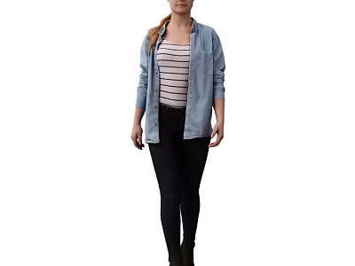 A Woman Wearing Striped Tank Top Denim Shirt Black Pants And Boots 3d model