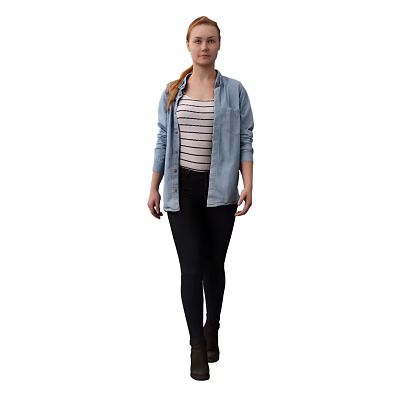 A Woman Wearing Striped Tank Top Denim Shirt Black Pants And Boots 3d model