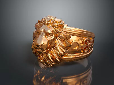 Golden Lion Head Ring With Intricate Carving And Decorative Band Design 3d model