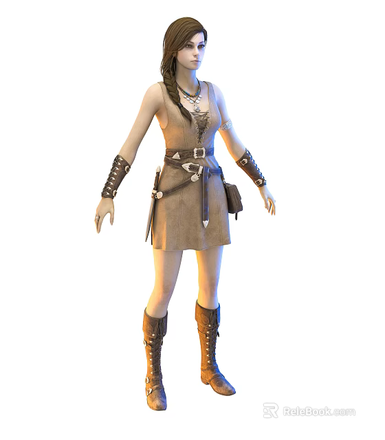 Woman In Sleeveless Dress With Leather Belt Arm Guards And Knee High Boots 3d model 