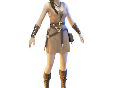 Woman In Sleeveless Dress With Leather Belt Arm Guards And Knee High Boots 3d model