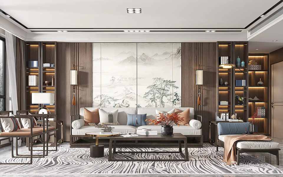 Traditional Chinese Living Room Interior With Mountain River Painting Wooden Bookshelves Sofa And Patterned Rug 3d model 