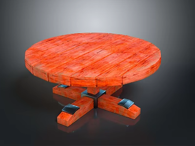 Orange Round Wooden Table With Natural Wood Grain And Stable Cross Base Structure 3d model