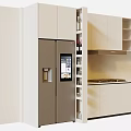 Modern Kitchen Interior With White Cabinets Silver Refrigerator And Open Shelves