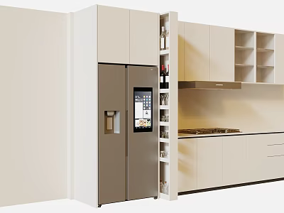 Modern Kitchen Interior With White Cabinets Silver Refrigerator And Open Shelves 3d model