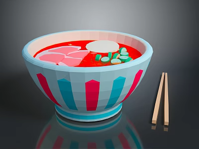 Colorful Striped Bowl of Ramen with Red Broth White Egg Pink Meat and Green Vegetables 3d model