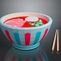Colorful Striped Bowl of Ramen with Red Broth White Egg Pink Meat and Green Vegetables