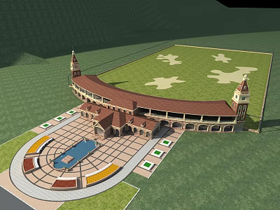Sports Fitness Stadium With Large Grass Field Towers Arcade And Plaza Pool 3d model