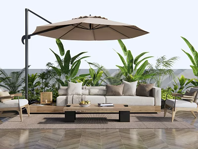 Outdoor Sofa Area With Large Umbrella And Lush Green Plants 3d model