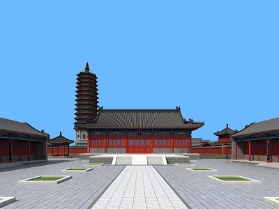 Ancient Chinese Architecture Complex With Red Walls Black Roofs Tall Pagoda And Open Stone Square 3d model