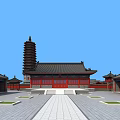 Ancient Chinese Architecture Complex With Red Walls Black Roofs Tall Pagoda And Open Stone Square