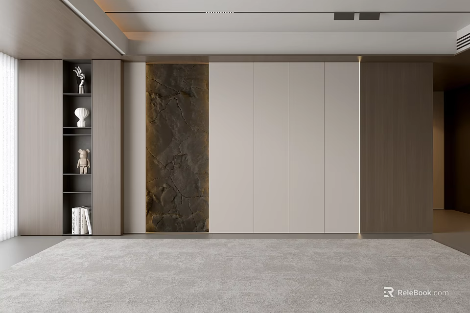 Modern Living Room Interior With Dark Stone Accent Wall Light Colored Cabinets And Bookshelf 3d model 
