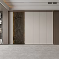 Modern Living Room Interior With Dark Stone Accent Wall Light Colored Cabinets And Bookshelf