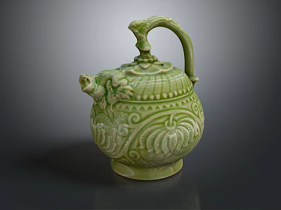Traditional Green Ceramic Teapot With Dragon Shaped Handle And Intricate Patterns 3d model