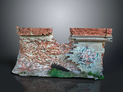 Modern Urban Scene Featuring Weathered Brick Wall With Graffiti Broken Sections And Grass 3d model