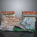 Modern Urban Scene Featuring Weathered Brick Wall With Graffiti Broken Sections And Grass