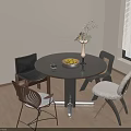 Black Round Dining Table Set With Four Various Design Chairs Vase Fruit Bowl Wooden Floor