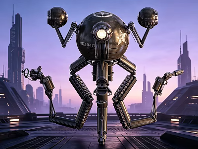 Futuristic Industrial Machinery with Multiple Mechanical Arms and Spherical Components Against Urban Skyline at Dusk 3d model