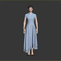 Woman In Blue Qipao With Stand Up Collar Short Sleeves Floral Hem Against Gray Background