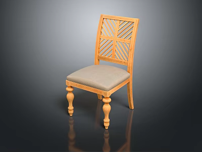 Wooden Dining Chair With Lattice Back Design Light Gray Padded Seat And Decorative Turned Legs 3d model