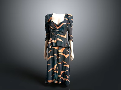 Elegant Women's Dress In Black And Orange Pattern With V Neck Mid Length Sleeves 3d model