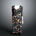 Elegant Women's Dress In Black And Orange Pattern With V Neck Mid Length Sleeves