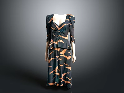 Elegant Women's Dress In Black And Orange Pattern With V Neck Mid Length Sleeves 3d model Elegant Women's Dress In Black And Orange Pattern With V Neck Mid Length Sleeves 3d model