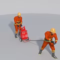 Men In Orange Firefighting Uniforms Wearing Safety Helmets Pushing Red Gas Cylinder Cart