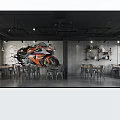Industrial Style Restaurant Interior With Gray Walls Dining Tables Chairs Shelves And Lighting Fixtures