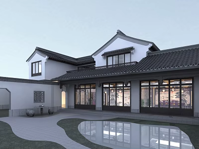 Traditional Chinese Detached Villa with White Walls Black Tiles Large Glass Windows and Courtyard Pond 3d model