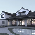 Traditional Chinese Detached Villa with White Walls Black Tiles Large Glass Windows and Courtyard Pond