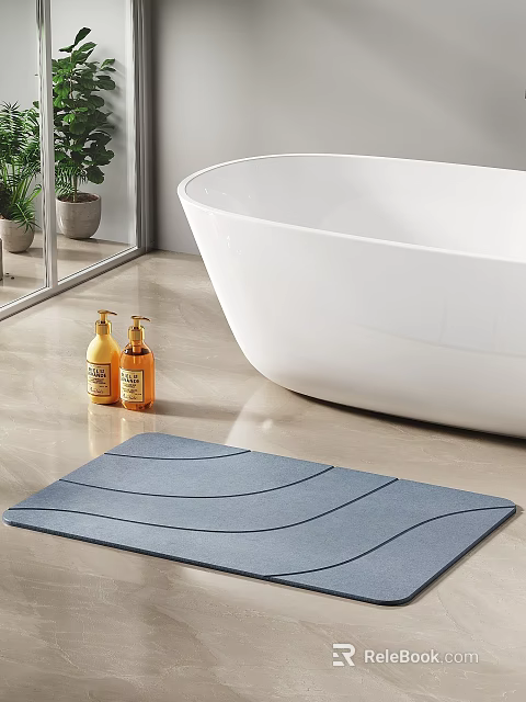 Bathroom Small Items Featuring Blue Bath Mat And Toiletries Bottles In Modern Bathroom With White Bathtub 3d model 