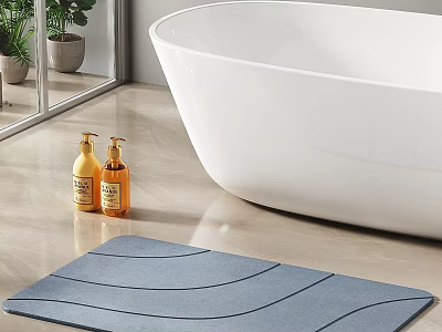Bathroom Small Items Featuring Blue Bath Mat And Toiletries Bottles In Modern Bathroom With White Bathtub 3d model
