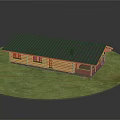 Wooden House on Green Lawn with Black Roof Chimney and Windows Exterior Design