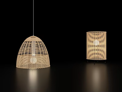Wicker Pendant Lights Design with Hemispherical and Cylindrical Illuminated Shades on Black Background 3d model