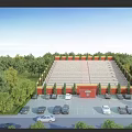 Grand Tiered Structure With Red Yellow Decor Surrounded by Trees Mountains Parking Lot People Activities