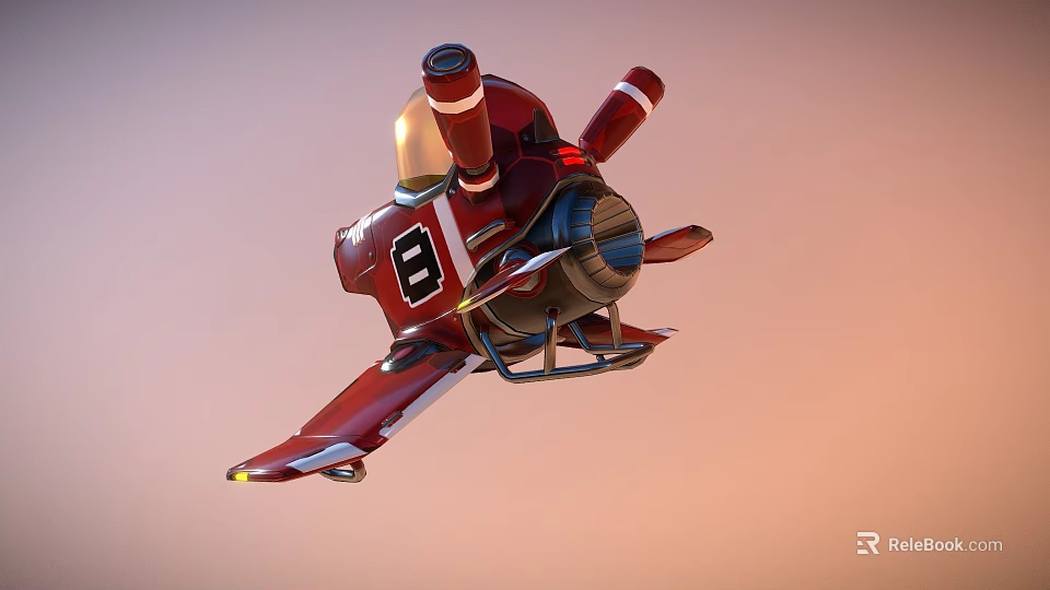 Red Detailed Animated Airplane with Number 8 Propeller and Cartoon Style 3d model 