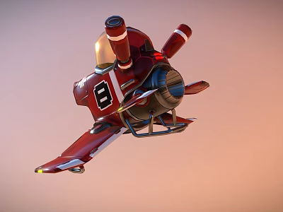 Red Detailed Animated Airplane with Number 8 Propeller and Cartoon Style 3d model