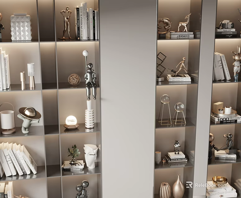 Modern Decorative Ornaments Set On Display Shelves With Sculptures Vases Books And Metal Artworks 3d model 