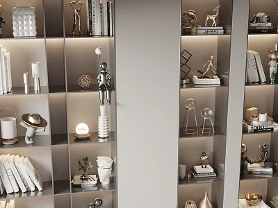 Modern Decorative Ornaments Set On Display Shelves With Sculptures Vases Books And Metal Artworks 3d model