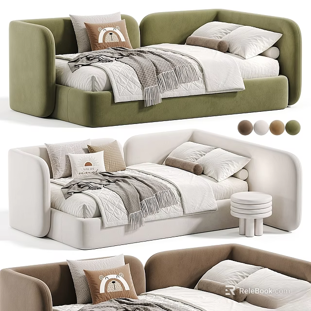 Modern Kids Bed Design With Soft Colors Pillows Blanket And Stool 3d model 