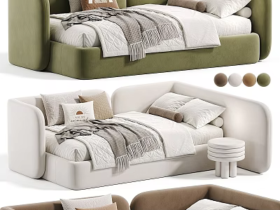 Modern Kids Bed Design With Soft Colors Pillows Blanket And Stool 3d model