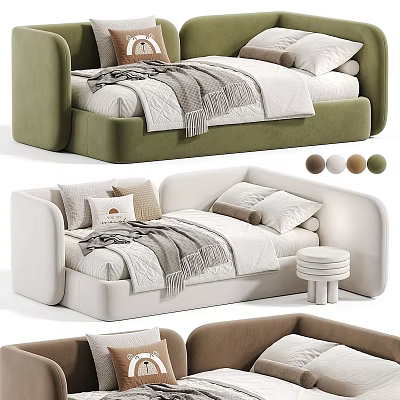 Modern Kids Bed Design With Soft Colors Pillows Blanket And Stool 3d model