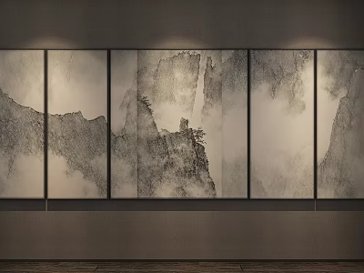 Artistic Chinese Photo Wall Featuring Ink Painting Mountains Clouds And Black White Gray Tones 3d model