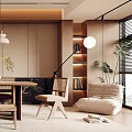 Modern Warm Toned Restaurant Interior With Wooden Dining Table Chairs Pendant Lights And Green Plant