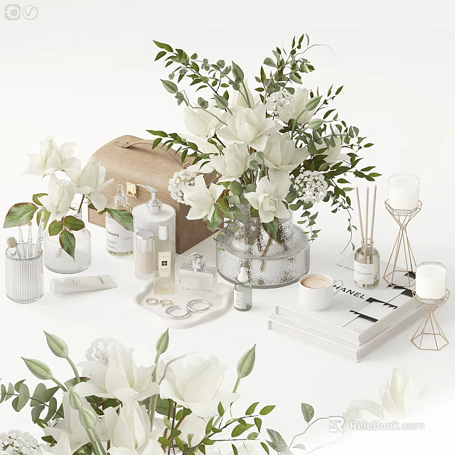 Decorative Ornament Set With White Flowers Green Plants Scented Bottles Candles And Books In Vase 3d model 