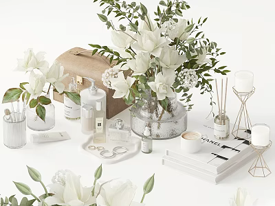 Decorative Ornament Set With White Flowers Green Plants Scented Bottles Candles And Books In Vase 3d model
