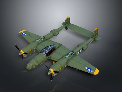 Vintage Green Military Airplane Model With Twin Propellers Yellow Tail And White Star Insignia 3d model