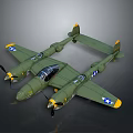 Vintage Green Military Airplane Model With Twin Propellers Yellow Tail And White Star Insignia