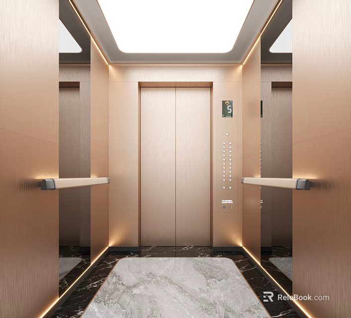 Elegant Elevator Interior Featuring Gold Paneling Marble Floor Control Panel Handrails And Soft Lighting 3d model 